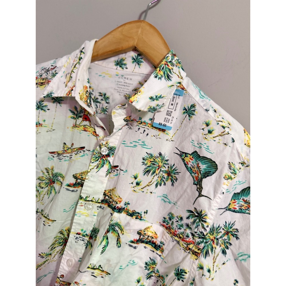 J Crew Mens Short Sleeve Hawaiian Shirt Tropical Sailfish Palm Tree Print Medium - Picture 2 of 4